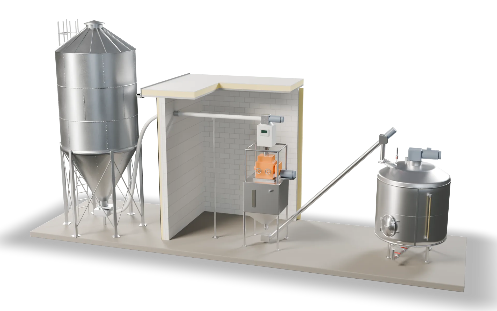 Brewery grain handling: bulk malt bin, flex auger through the wall, roller mill, flow scale and grist case