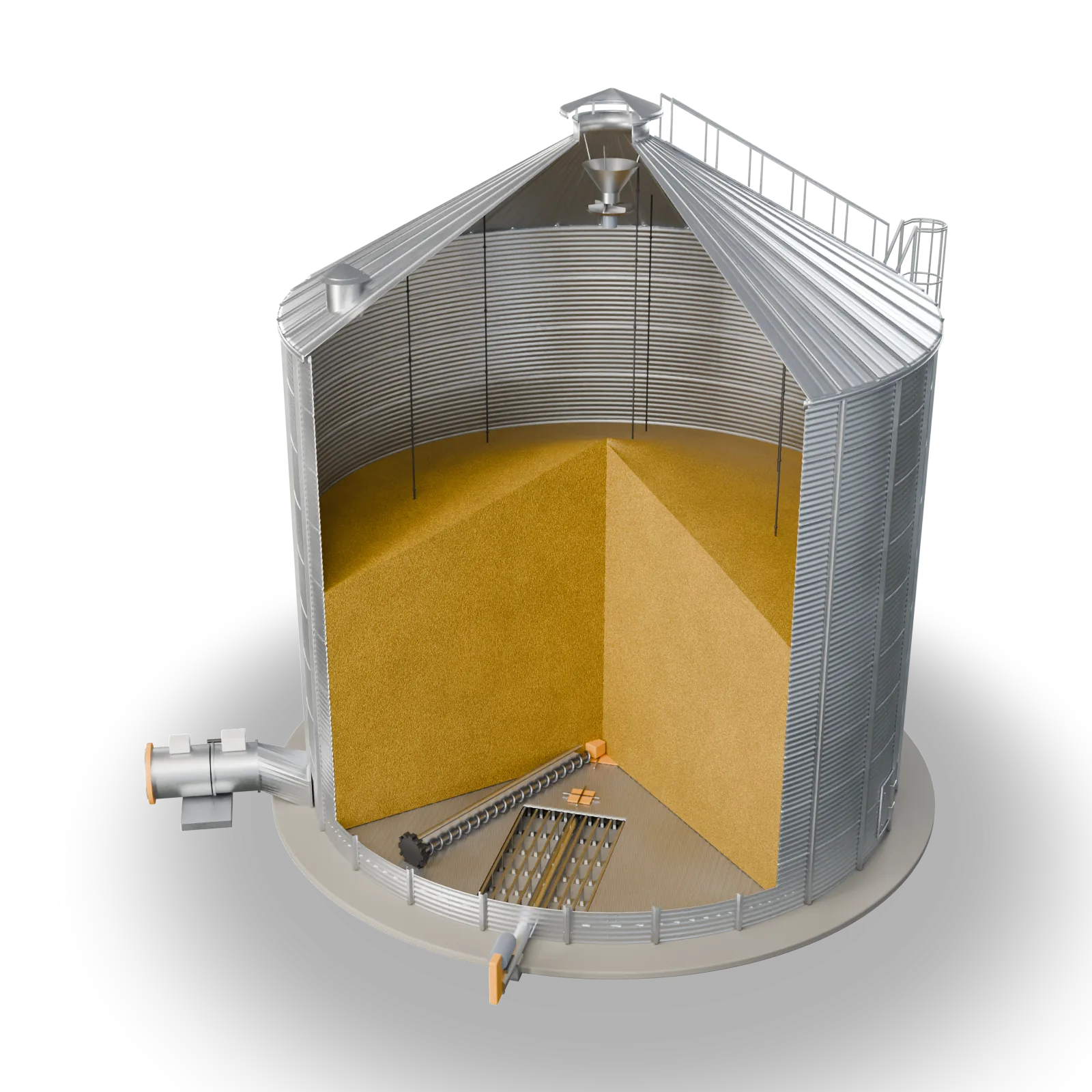 Cutaway of a GSI grain bin showing the aeration floor, sweep and unload augers, monitoring cables, fan and heater